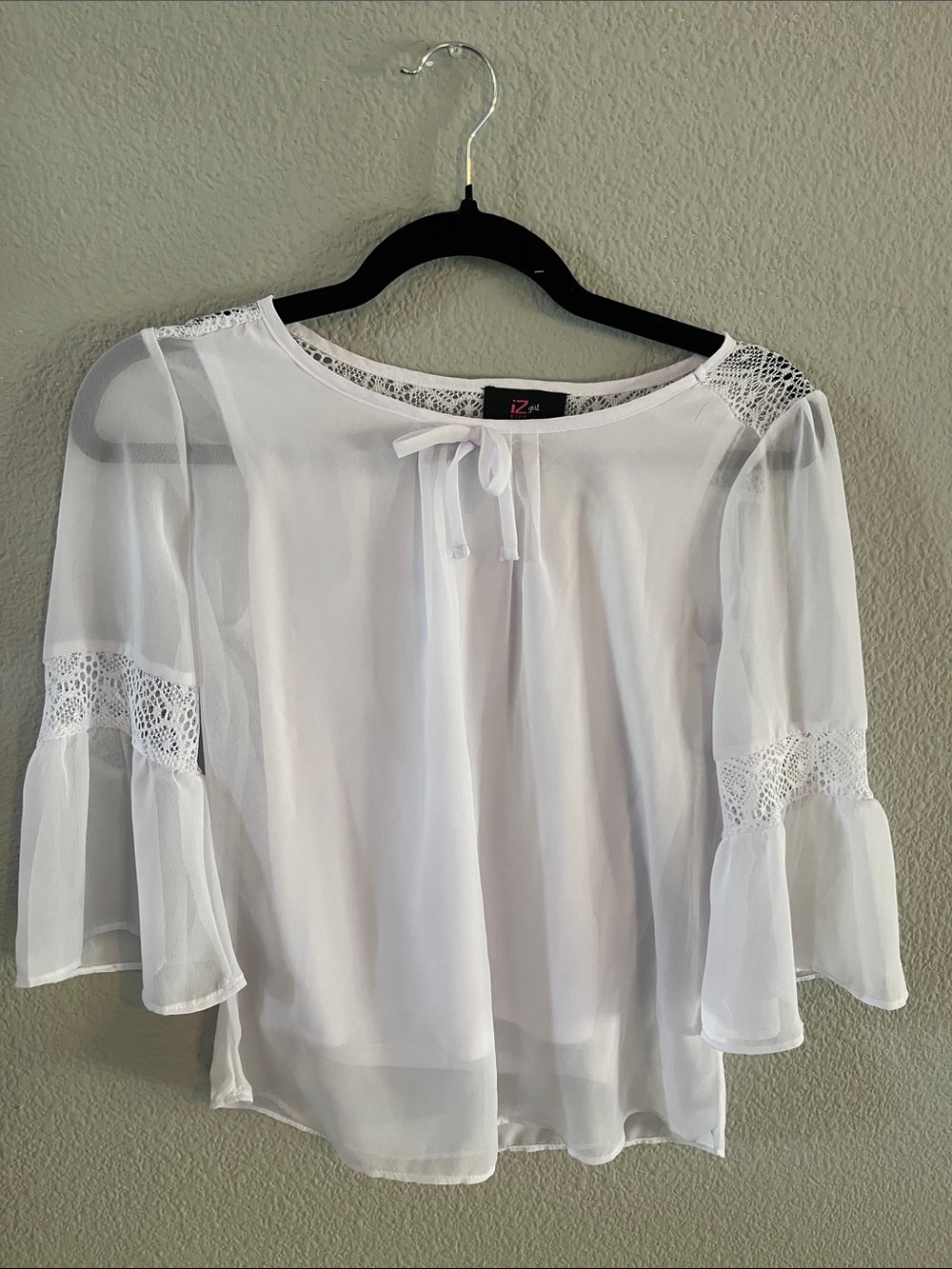 Iz Byer White Lace-Trim Sheer Bow-Tie Blouse